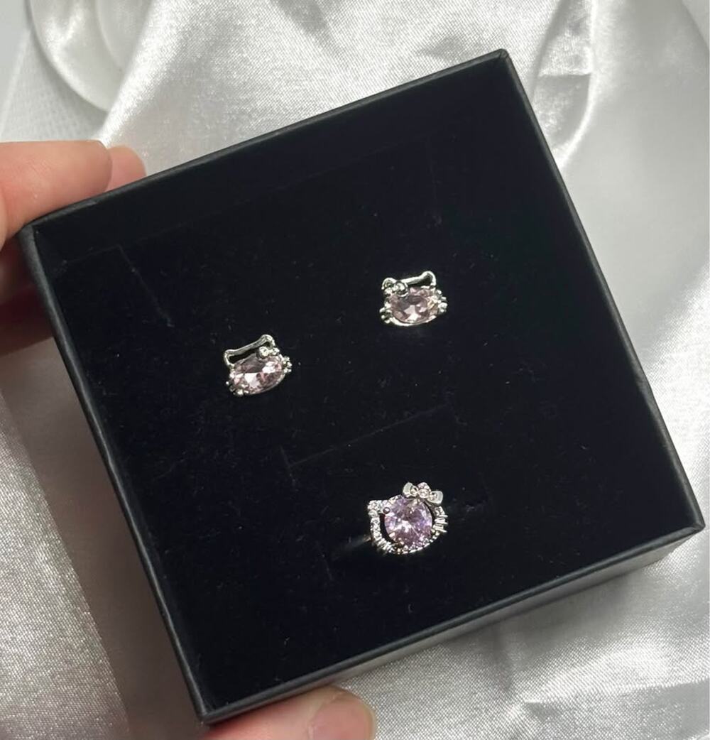 Hello Kitty Pink Stone Earrings + Adjustable Ring Set